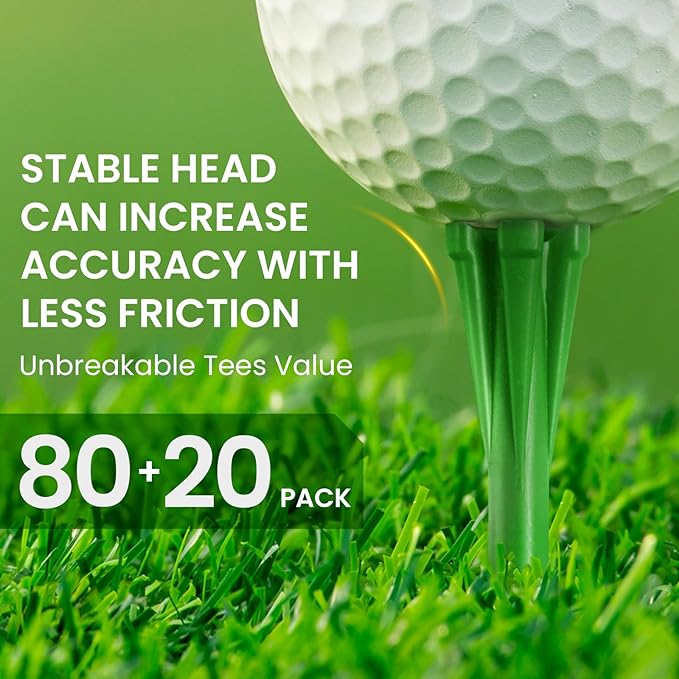 FINGER TEN Unbreakable Golf Tees Plastic 80 3 1/4" or 2 3/4" Driver Tees with 20 1 1/2" Iron Tees Assorted Pack, Low Resistance & Consistent Height Long Short Tees with Bright Colors