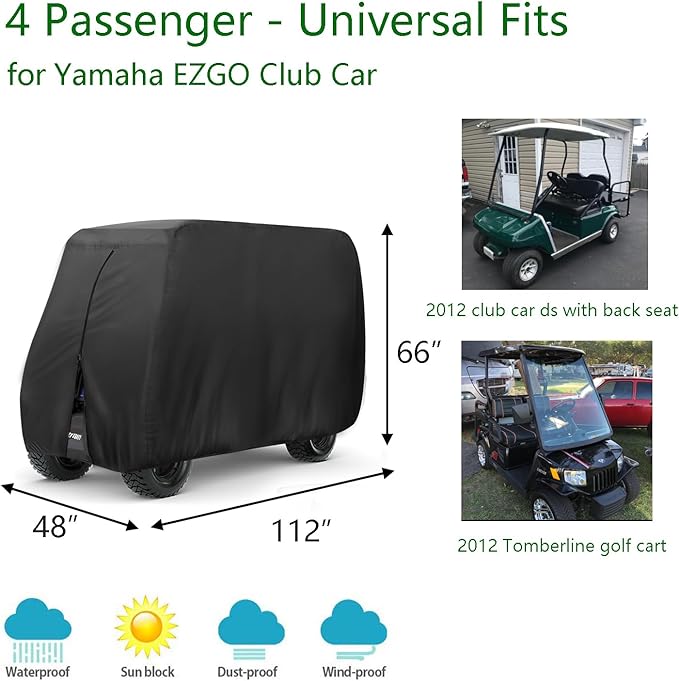 FLYMEI Golf Cart Cover Waterproof, 420D Fabric Universal Fits for Most Brand 2/2+2/4/4+2 Passengers Yamaha, Honda, Club Car, EZGO Golf Cart