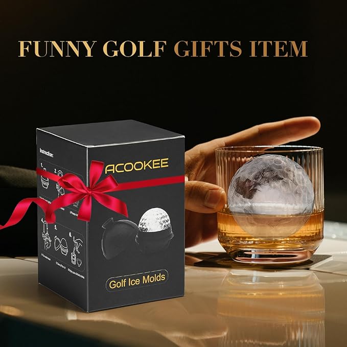 Novelty Golf Ball Ice Maker Mold Set of 2, Funny Golf Gifts for Men Golfers, 2.5" Large Sphere Round Ice Cube Molds for Whiskey, Bourbon, Cocktails