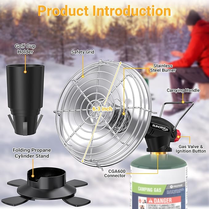 Golf Cart Heater,9,200BTU Portable Propane Camping Heater,2-in-1,with Cup Holder&Foldable Propane Cylinder Stand for EZGO Yamaha Club Car,Camping,Tents,Hunting,Ice Fishing(Fuel Cylinder not included)