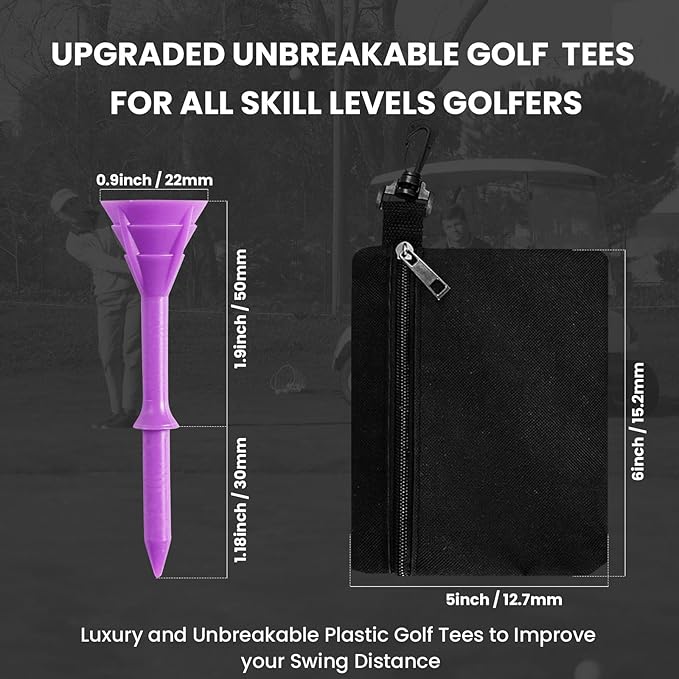 Golf Tees Plastic 3 1/4 inch Unbreakable 30 Pack with Pouch Bag, Durable Stable Available 83 mm Long Tee for Golfer Practice