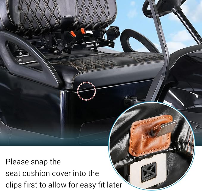 Golf Cart Diamond Seat Covers Kit Suitable for Club Car Precedent Standard Front Seat Cushion, Club Car Front Seat Covers Kit No Drilling & Waterproof (Black PVC Leather & Brown Stitching)