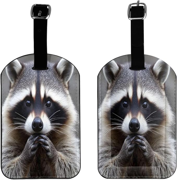 Cute Raccoon Luggage Tag for Suitcases,Grey Animal PU Leather Baggage Tags Bag Tags Travel Id Label for Luggage Women Men -1 Piece