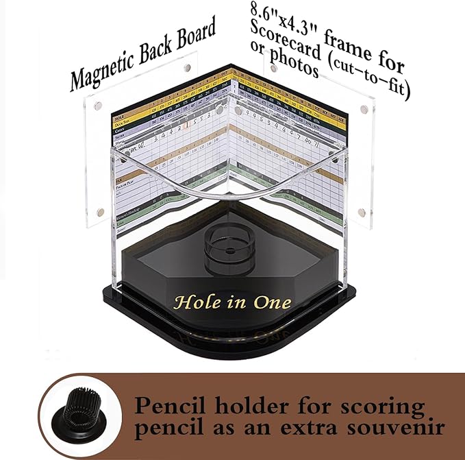 Golf Ball Display Case for Hole-in-One Golfer. Black Ball Throne with Golden Stamp. 2X Background Frames on Each Side of Cambered Cover. Pencil Holder, Adhesive Dots All Included, No Assembly