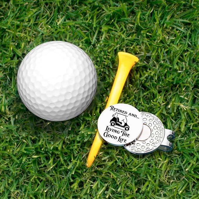 Hafhue Retired and Living The Good Life Golf Ball Marker with Magnetic Hat Clip, Funny Golf Accessories and Golf Gifts for Men Women Grandma Grandpa, Birthday Retirement Gifts for Golfer Golf Lover