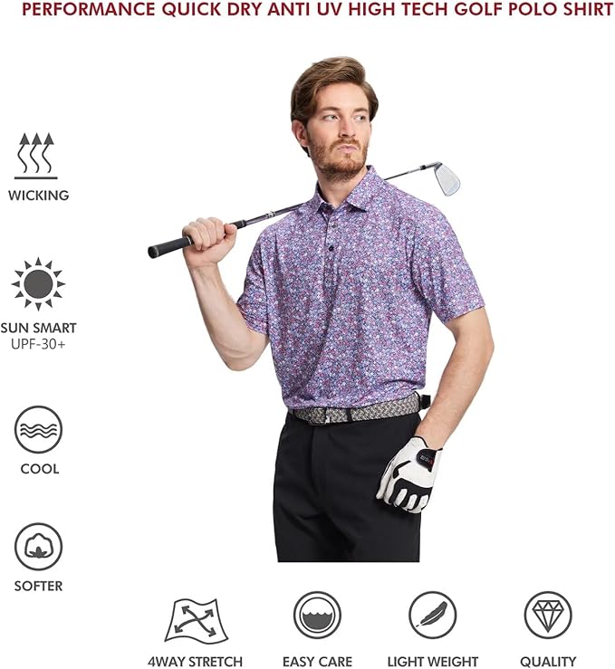 Golf Shirts for Men Dry Fit Short Sleeve Print Performance Moisture Wicking Polo Shirt