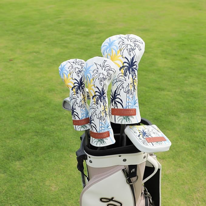 Golf Club Head Covers 3 Wood Headcover Hawaii Coconut Tree Style Elegant Embroidery Premium Leather Waterproof Driver Cover Fairway Wood Cover Hybrid Cover with Number Tags