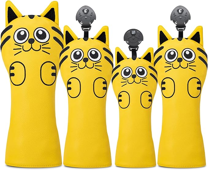 Golf Kitty Head Cover Golf Club White Leather Headcovers 1pc/4pcs Set Fits Driver Fairway Wood Hybrid Utility Putter Iron Wedge Headcover.