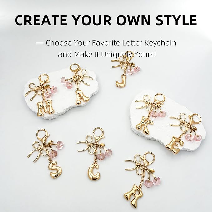 Gold Bubble Heart, Cherry, Bow & More Designs Letter Initial Keychain Bag Charms – Cute Purse Charms for Handbags