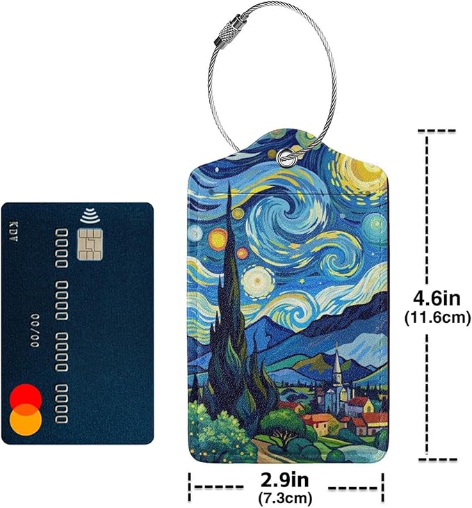 TSA Approved Luggage Tags for Suitcases Cartoon Van Gogh Starry Night 2 Pack Funny Leather Carnival Cruise Airport Cute Travel Name Tags Golf Bag tag Ships Privacy Cover ID Label for Women Men