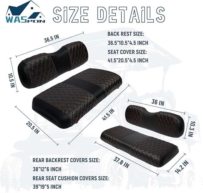 4PCS Golf Cart Diamond Seat Covers Kit, Fits EZGO TXT 1994-2013 Golf Cart Vinyl Replacement Seat Cover （Black Stitching, No Stapler, Easy to Clean）