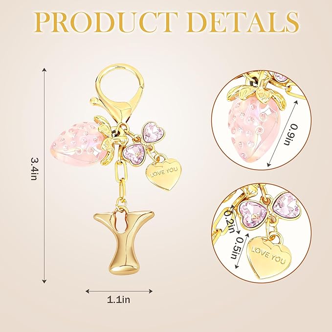 Snycler Bubble Initial Keychain with Strawberry & Bow- Gold Letter Bag Charms for Women, Cute Purse Handbag Accessories