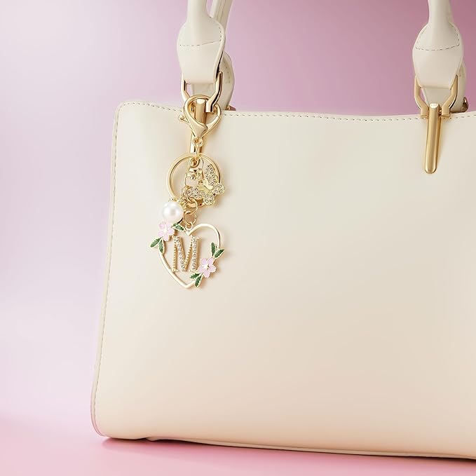 Gold Heart Initial Letter Keychain for Women Key chain Keyring for Purse Handbags Backpack Charm