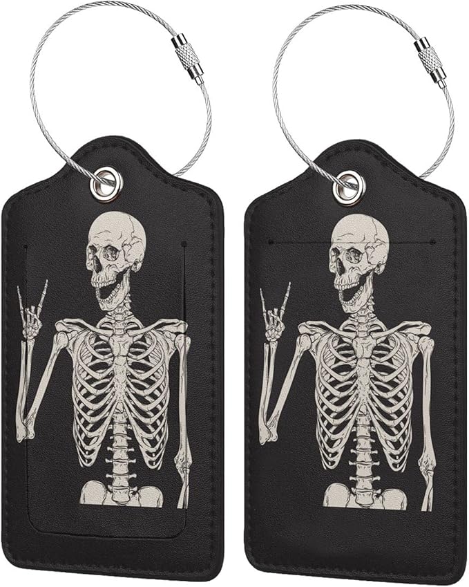 2 Pack Skull Rock and Roll Luggage Tags for Suitcases, Cool Leather Luggage Tag for Travel, Bag Tag Privacy Name ID Card Bag Labels for Friends Adults Kids Tourists