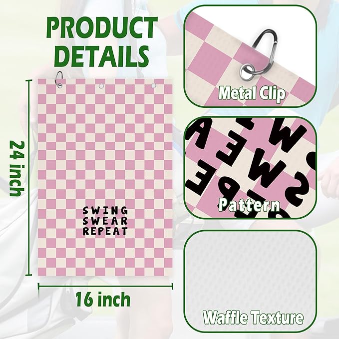 Pink Checkered Golf Towel - Trenndy Modern Sports Club Golf Bag Accessories Towel, Pink Disc Weave Waffle & Ball Towels with Carabiner Clip Gifts for Golfer Women Girls Kids, 16"x24"