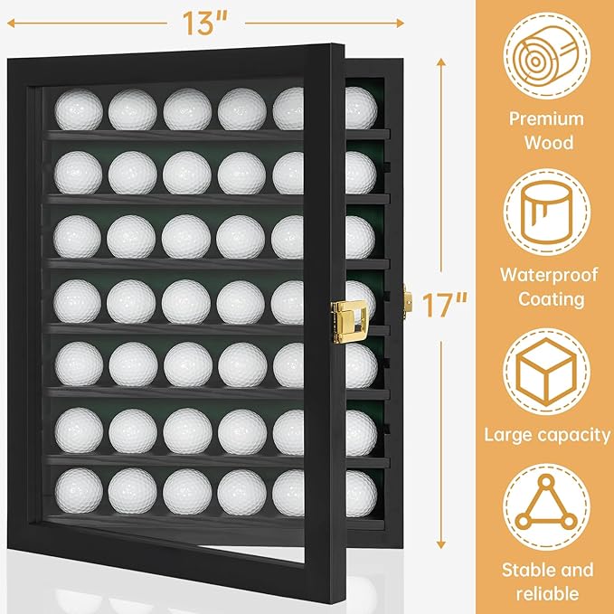 Golf Ball Display Case, Solid Wood Golf Ball Holder, Wall Mounted Golf Ball Rack with Acrylic Door for Golf Enthusiasts (Black, for 42 Golf Balls)
