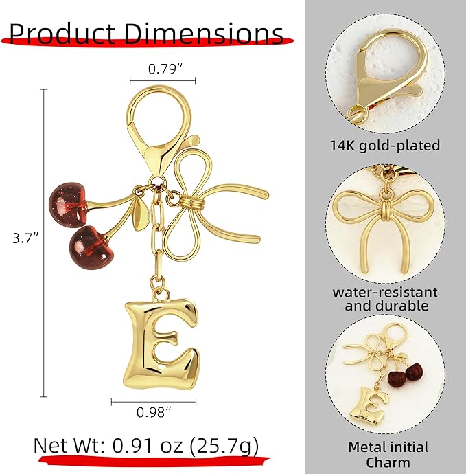 Gold Bubble Heart, Cherry, Bow & More Designs Letter Initial Keychain Bag Charms – Cute Purse Charms for Handbags