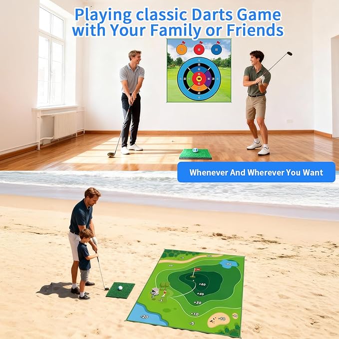 LINKET Golf Mat, 70"x70" Double-Sided 2in1 Golf Hitting Mat, Portable Golf Game for Chipping Practice for Dads & Junior Golfers - Golf Mats with 20 Sticky Balls & Golf Turf Mat for Indoor and Outdoor