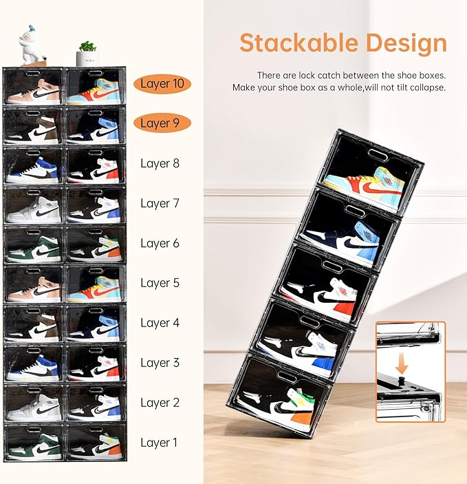 New 8 Pack Shoe Boxes Stackable, Large Shoe Storage Organizer with Lids,Drop Side Shoe Containers for Entryway,Sneaker Storage Fit up to US Size 13 for Men/Women(13’’x 10.6”x 8.3”)