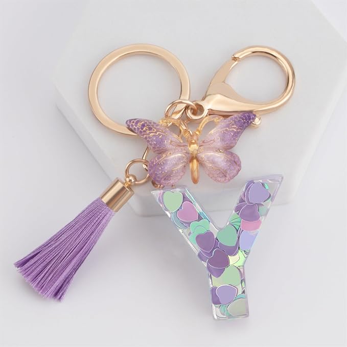 Suweibuke Colourful Cute Initial Letter Keychains for Women Girls with Tassel Butterfly, Charm for Purse Handbags Backpacks