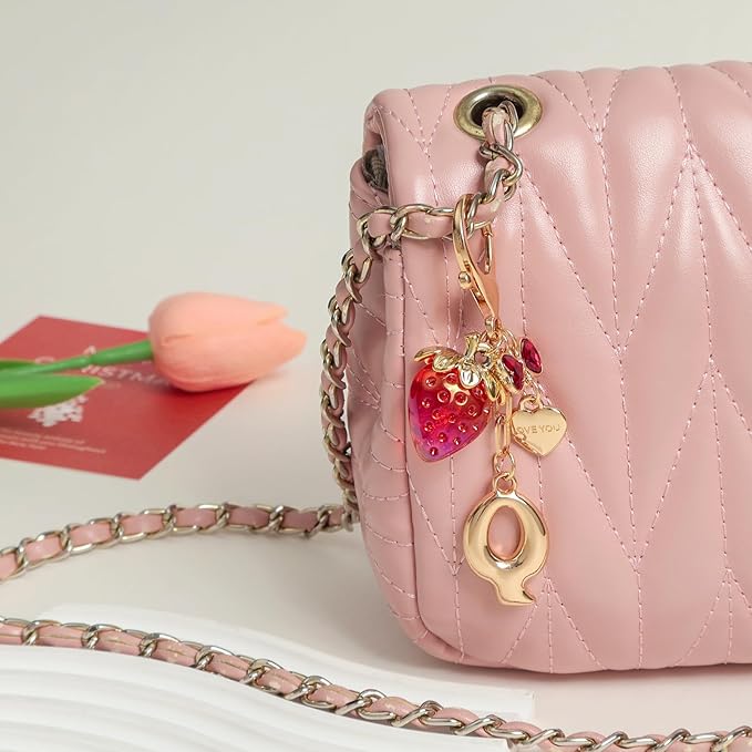 Snycler Bubble Initial Keychain with Strawberry & Bow- Gold Letter Bag Charms for Women, Cute Purse Handbag Accessories