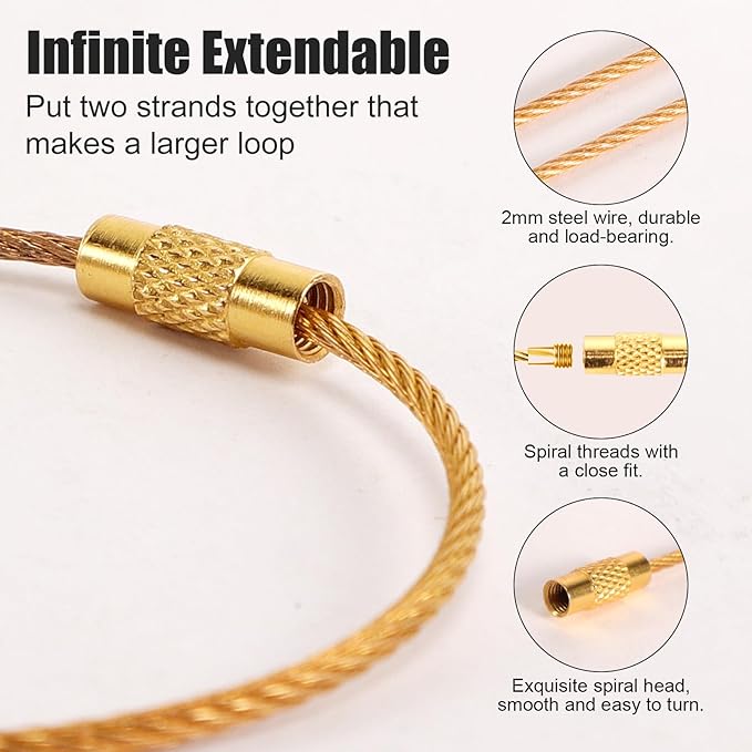 20pcs Stainless Steel Wire Keychains Aircraft Cable Cable Key Ring for Hanging ID Tags or Luggage Tags,6.3 inch 2mm (20 PCS Gold)