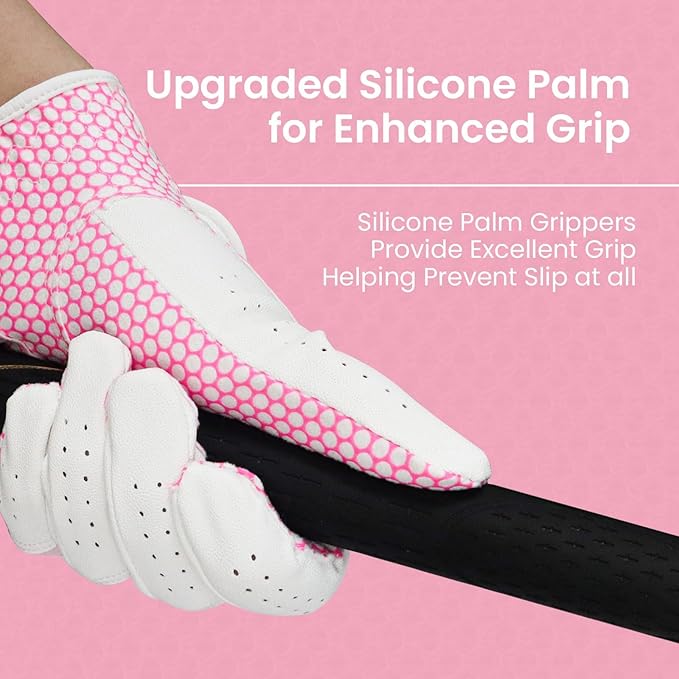 FINGER TEN Women’s Golf Gloves Ladies Left Hand Right Handed Golfer Value 6 Pack, All Weather Rain Grip Glove Pink Fit Small Medium Large XL