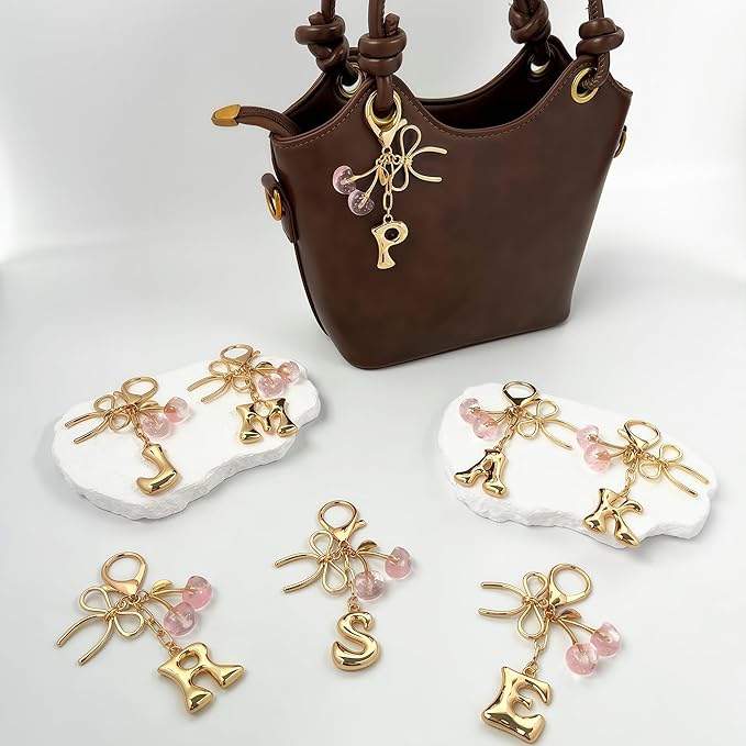 Gold Bubble Heart, Cherry, Bow & More Designs Letter Initial Keychain Bag Charms – Cute Purse Charms for Handbags