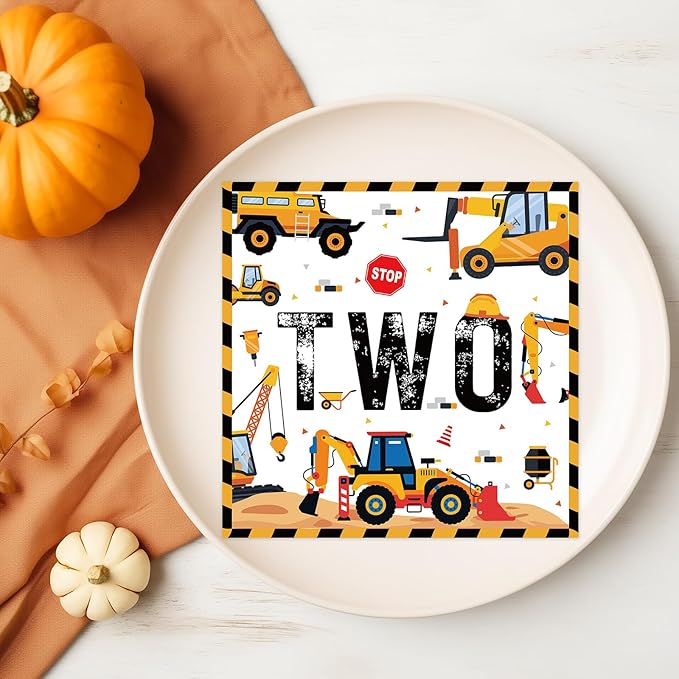Construction 2nd Birthday Decorations for Boys, 50PCS Construction Two Napkins Set, Excavator 2 Years Old Birthday Decor Supplies for Boys