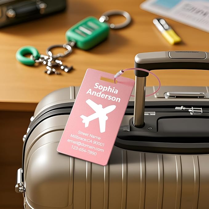 4 Pack Personalized Luggage Tags, Custom Engraved Aluminum Luggage Tags with Your Personalized Text, Waterproof Metal Name Tags with Steel Loop for Bags, Suitcase, Baggage, Backpack (Pink, Large)