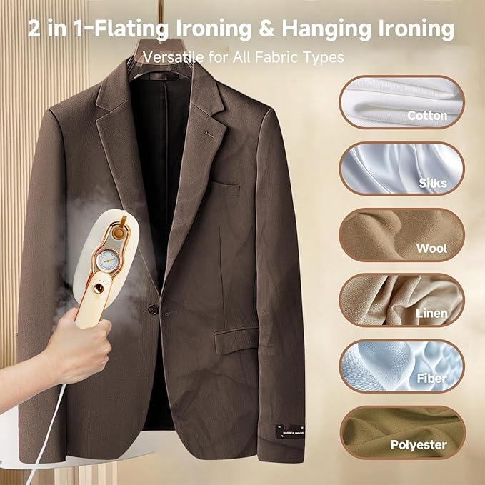 Steamer For Clothes, Steamer ＆ Iron 2 In 1,Portable Handheld travel Steam,1200W 15s Heat Up for Travel Size,Wrinkle Remover,200ml Tank,3 Modes for dress shirts for home travel,Beige, 120V