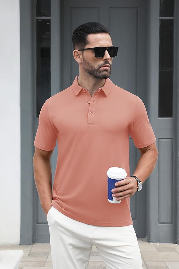 MAGCOMSEN Men's Polo Shirts Short Sleeve Cotton Pique 3 Button Classic Fit Casual T-Shirt Performance Golf Shirts