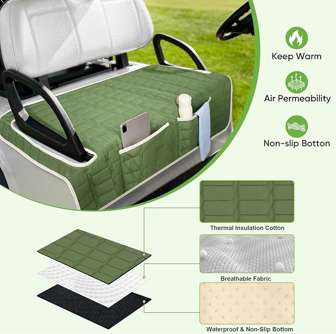 Golf Cart Seat Cover, Universal Bench Seat Cover with Storage Pockets, Non-Slip Seat Protector for Golf Cart, Fits EZGO Club Car Yamaha, Easy Install