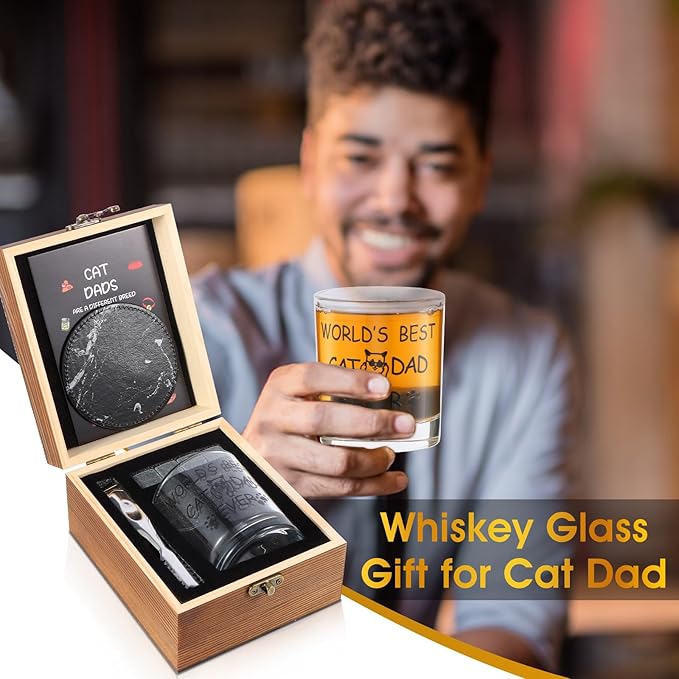 Cat Dad Gifts, Best Gift for Dad, Gift with 12oz Whiskey Glasses, Stones, Coaster, Wooden Box for Catfather