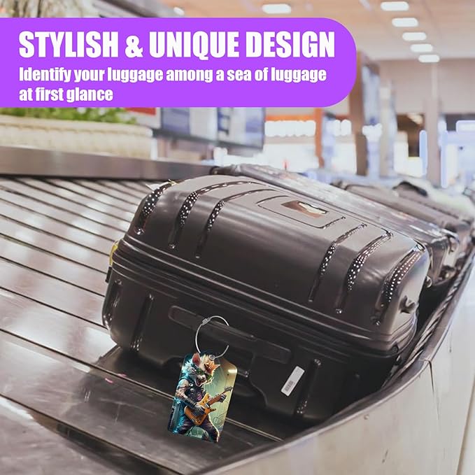 3 Pack Funny Guitar Cat Luggage Tags for Suitcase Animal PU Leather Travel Luggage Tag Privacy Cover ID Label for Women Men Baggage Backpack Handbag School Bag