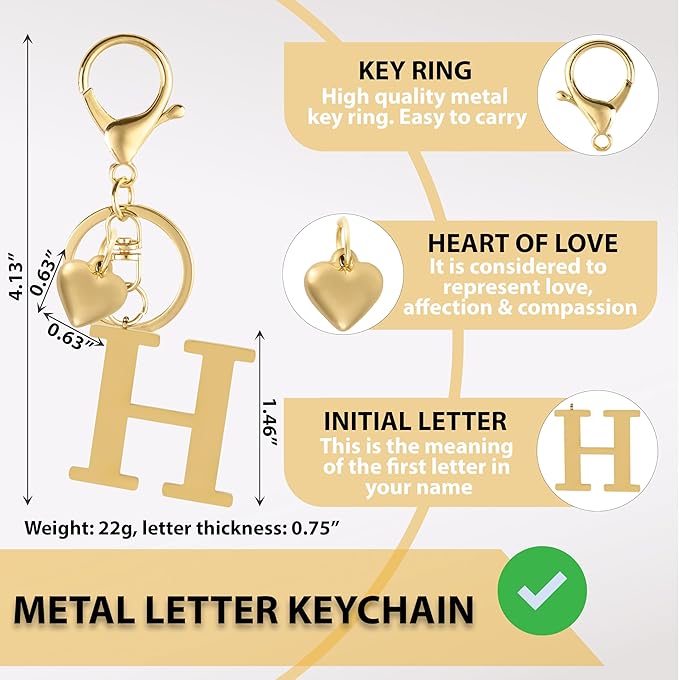 Metal Heart Alphabet Keychain for Women, Girls - Cute Initial Letter Accessories for Purse, Bag Charms and Backpack