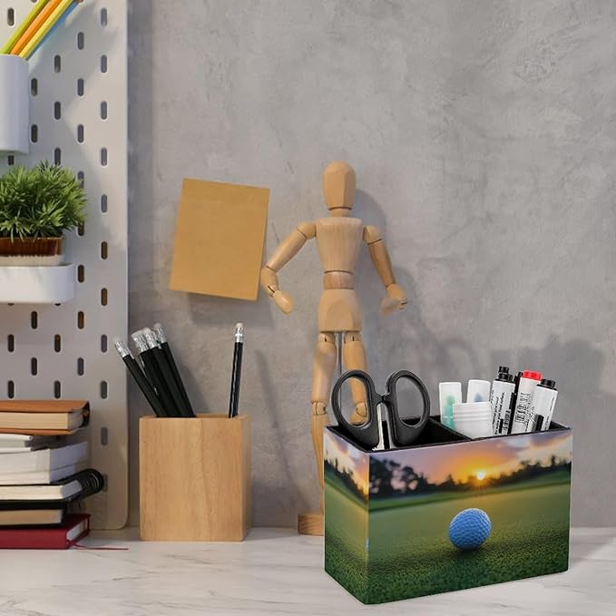 Pens Holder, Pencils Holder for Desk Organizer, Sport Golf Ball Sunset PU Leather Pencil Cups Desktop Stationery Storage Makeup Brush Holder Pens Organizer for Office Home