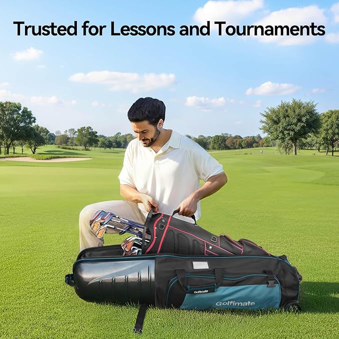 Golf Travel Bag for Airlines with Carbon Fiber Look Hard Top, Protective Club Traveling Cover with Wheel, Golf Club Carrier Case for Airplanes, Thick Padding, Durable Zippers, 2 Spacious Side Pockets
