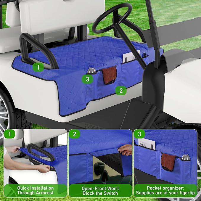 Kaskawise Golf Cart Seat Covers,Universal Golf Cart Seat Towel Blanket with 4 Front Pockets & Nonskid Bottom Fits for EZGO, Yamaha, Club Car DS Precedent and More 2 Person Seats Golf Carts (Navy Blue)