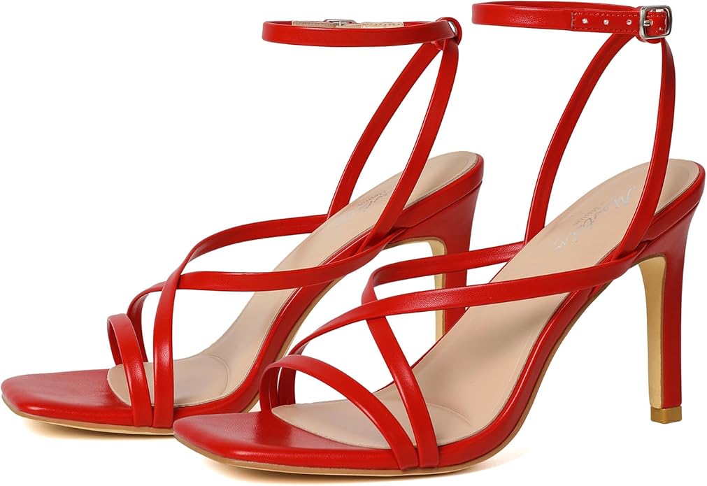 Mostrin Strappy Heels for Women Square Open Toe Lace Up Heeled Sandals Ankle Strap Sexy Stiletto High Heels for Party, Prom, Dating, Wedding