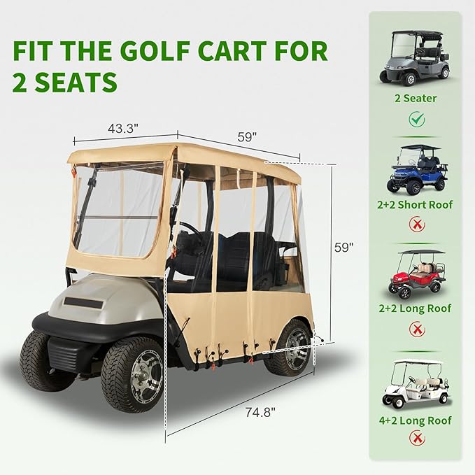Tecoom Golf Cart Enclosure 2/4/6 Passenger, Golf Rain Cover 600D Waterproof Snowproof, Door Zippers, Clear Windows and Windproof Hooks, Universal Fit for EZGO, Yamaha, Club Car