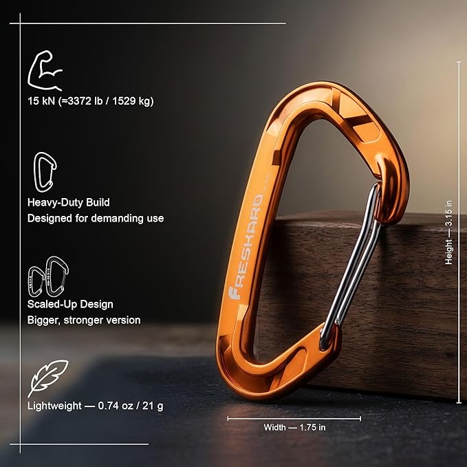 FresKaro 15kN-3372lbs Heavy Duty Wiregate Carabiners, Reliable Time-Tested Stainless Steel Spring Gate, for Camping, Hiking, Hammocks, Backpacking, Dog Leash etc., 3.15inch
