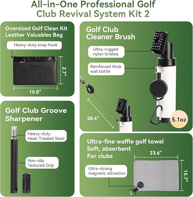 Pro Golf Club Care Kit – Cleaner, Polish, Brush, Groove Sharpener, Grip Cleaner, Magnetic Towel & Leather Bag – Restores Clubs, Removes Rust & Scratches, Renews Tackiness