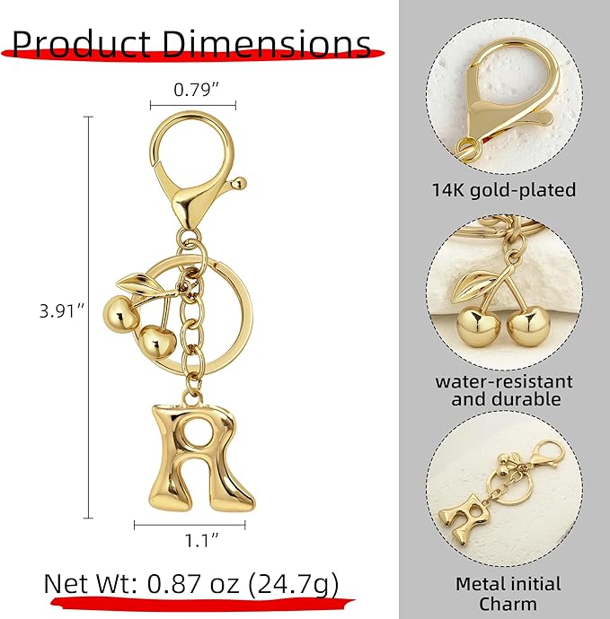 Gold Bubble Heart, Cherry, Bow & More Designs Letter Initial Keychain Bag Charms – Cute Purse Charms for Handbags