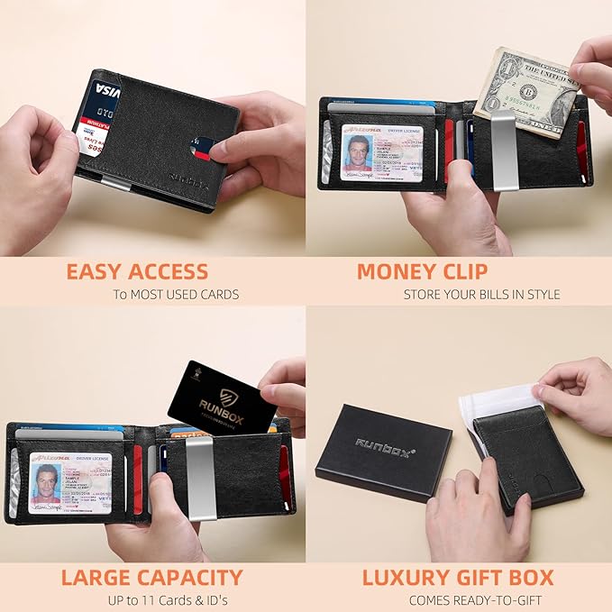 RUNBOX Money Clip Wallets for Men,Slim Leather Mens Bifold Wallet,RFID Blocking Front Pocket Wallet,Thin Credit Card Holder with Gift Box