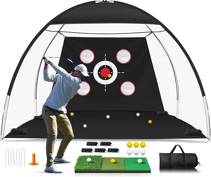 Golf Net with Multiple Target, Golf Hitting Aid Nets 10x7FT for Backyard Driving Chipping Training Swing with Practice Mat, Gifts for Men Dad Him and Golfer