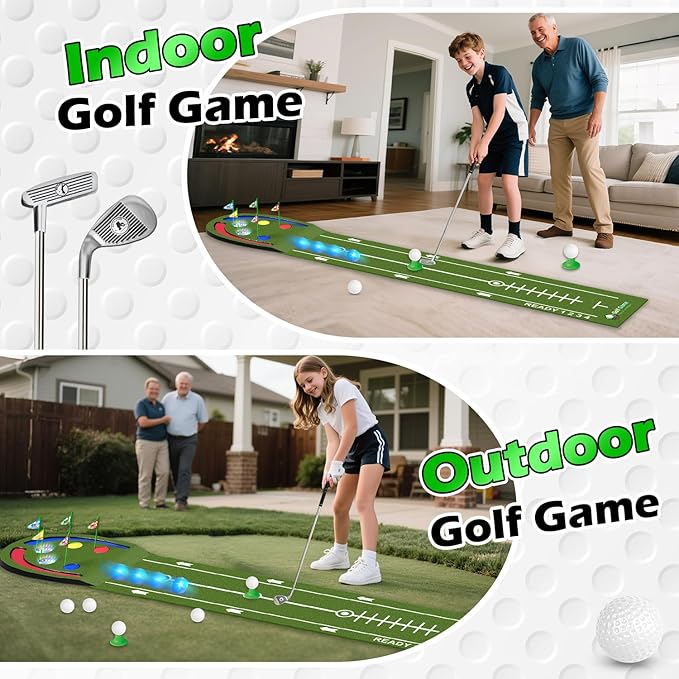 Upgraded Golf Putting Mat for Kids, Putting Green with LED Light up Holes, Glowing Balls, 2 Clubs, Toy Golf Set, Golfing Mats Indoor Outdoor, Sport Game Golf Gift for for Kids Teens Family