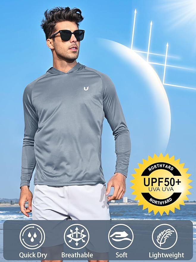 NORTHYARD Men's UPF 50+ Hoodie Shirts Long Sleeve Sun Protection Fishing Swim Beach UV SPF Rash Guard Quick Dry Lightweight