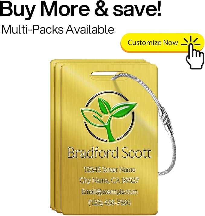 Personalized Luggage Tags - Custom Metal Luggage Tags for Suitcases, Backpacks and Bags with Your Personalized Club Logo Text (Gold)