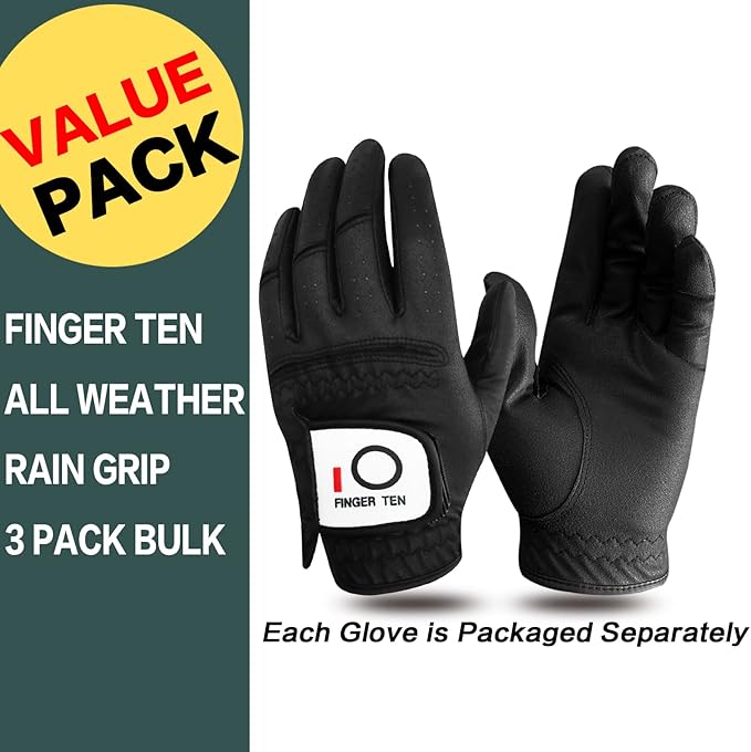 FINGER TEN All Weather Grip Golf Gloves Men Value 3 Pack for Right Handed Golfer, Hot Wet Rain Grip & Comfort Soft Glove for Premium Performance, Colors White Black Blue Sizes S M L XL